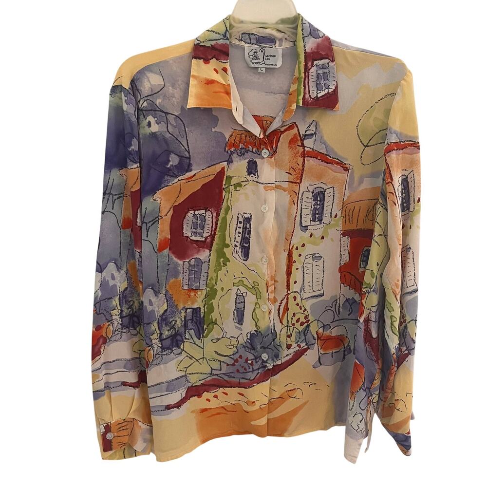 Y2K Michael Leu Silk Shirt Large Art Print Cat Mediterranean Village Maximalist